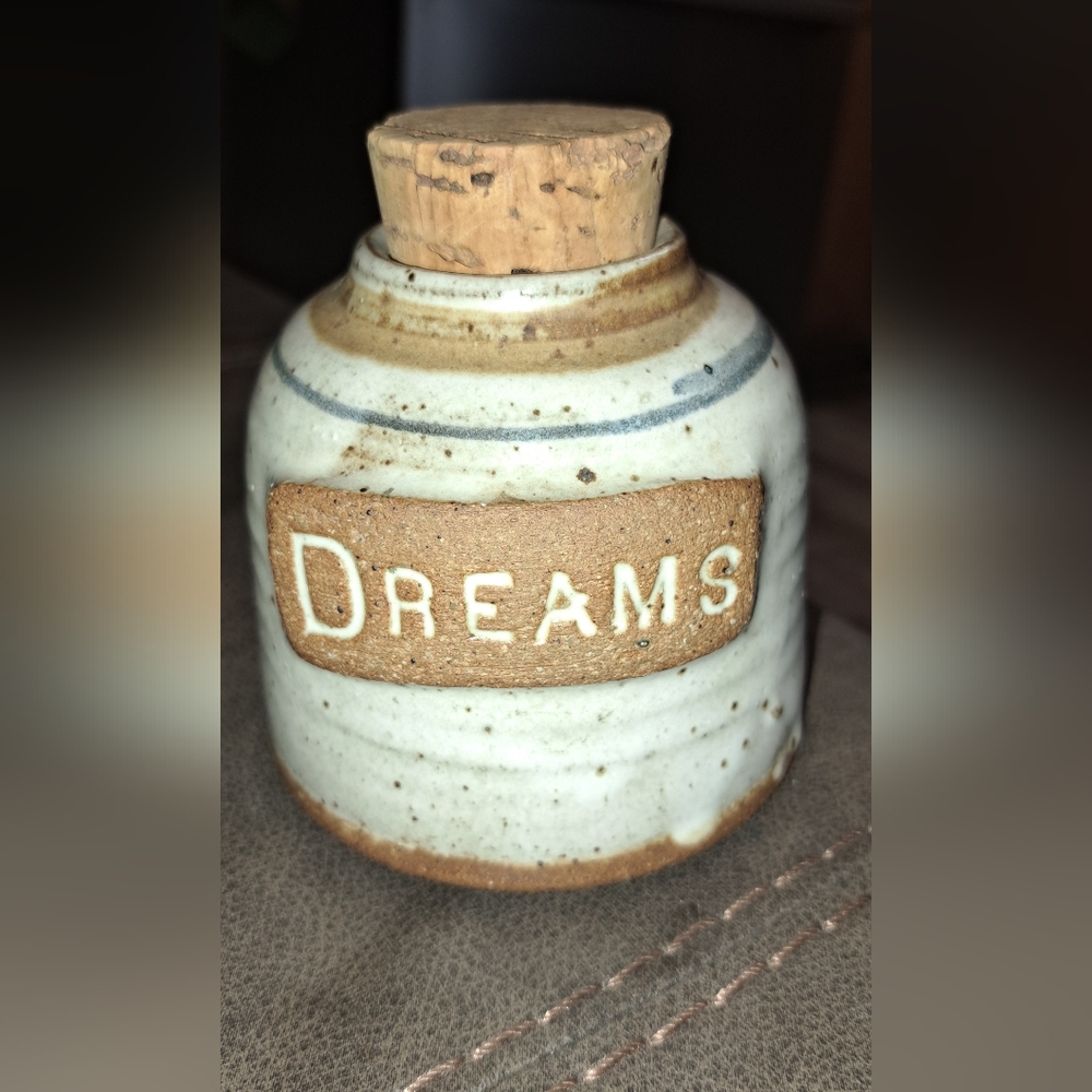 Vtg Hand Thrown Pottery Stoneware "Dreams" Cannister Jar Jug Dream Goals Keeper